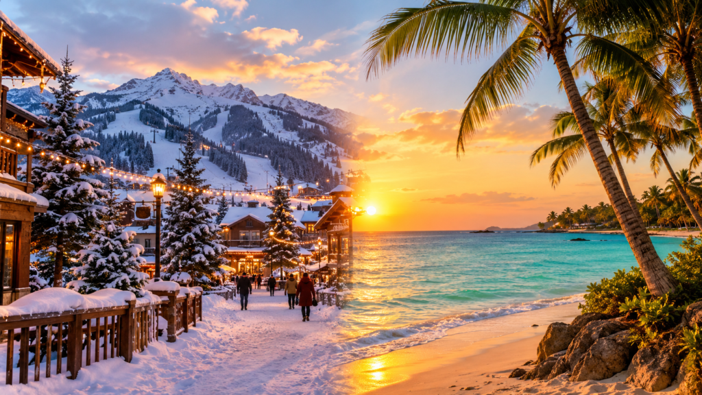 A warm, editorial travel-blog hero image showing a split visual concept of December travel in the USA: on one side, a snow-covered mountain ski town with string lights and pine trees; on the other, a sunny palm-lined beach with turquoise water. Golden hour lighting, cozy and inviting mood, high-resolution photography style, wide 16:9 aspect ratio, no text overlay